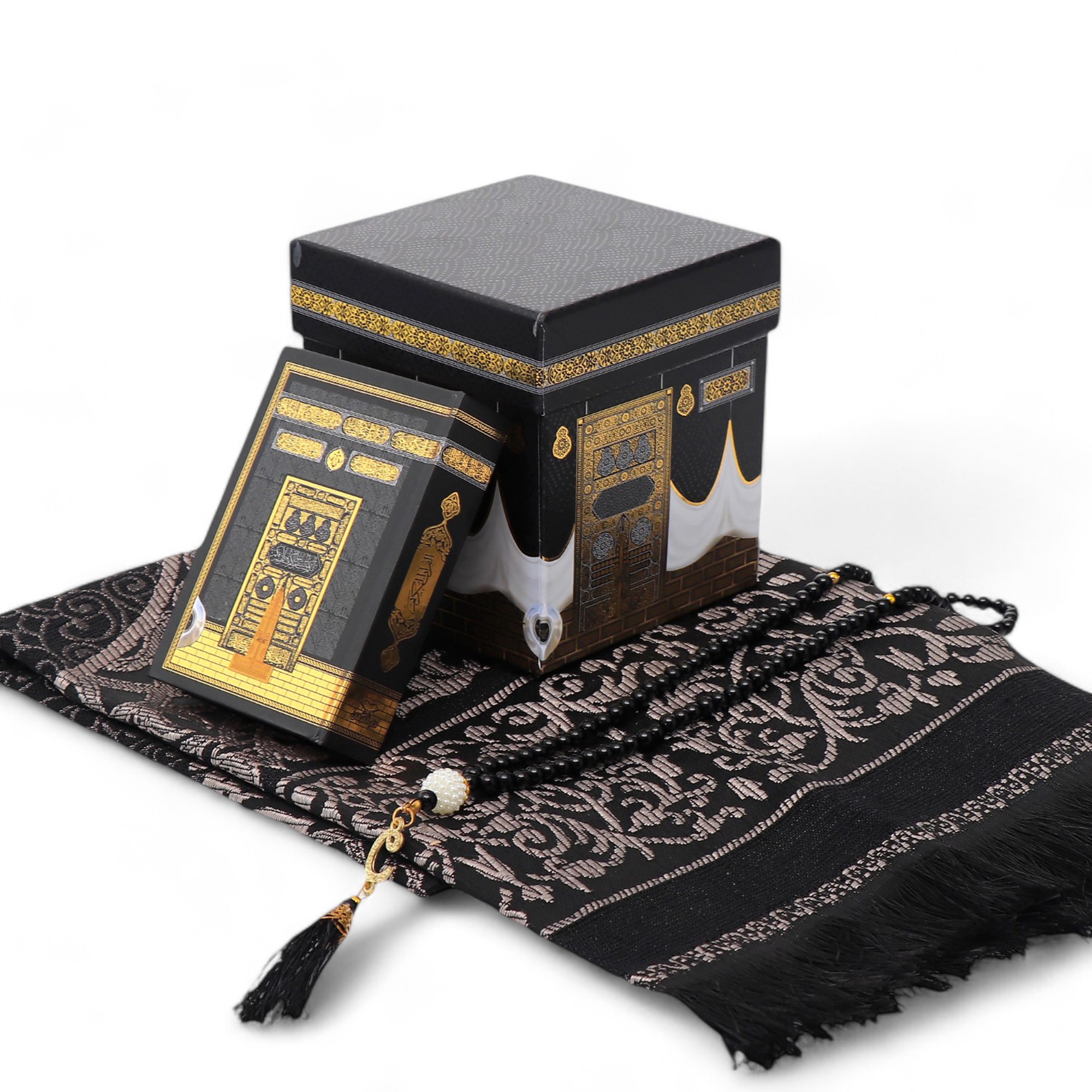 Kaaba Cube Gift Set with Pocket Size Quran, Prayer Rug , Pearl Tasbih – 10x12cm - fatimasughra.com Kaaba Cube Gift Set with Pocket Size Quran, Prayer Rug , Pearl Tasbih – 10x12cm - fatimasughra.com